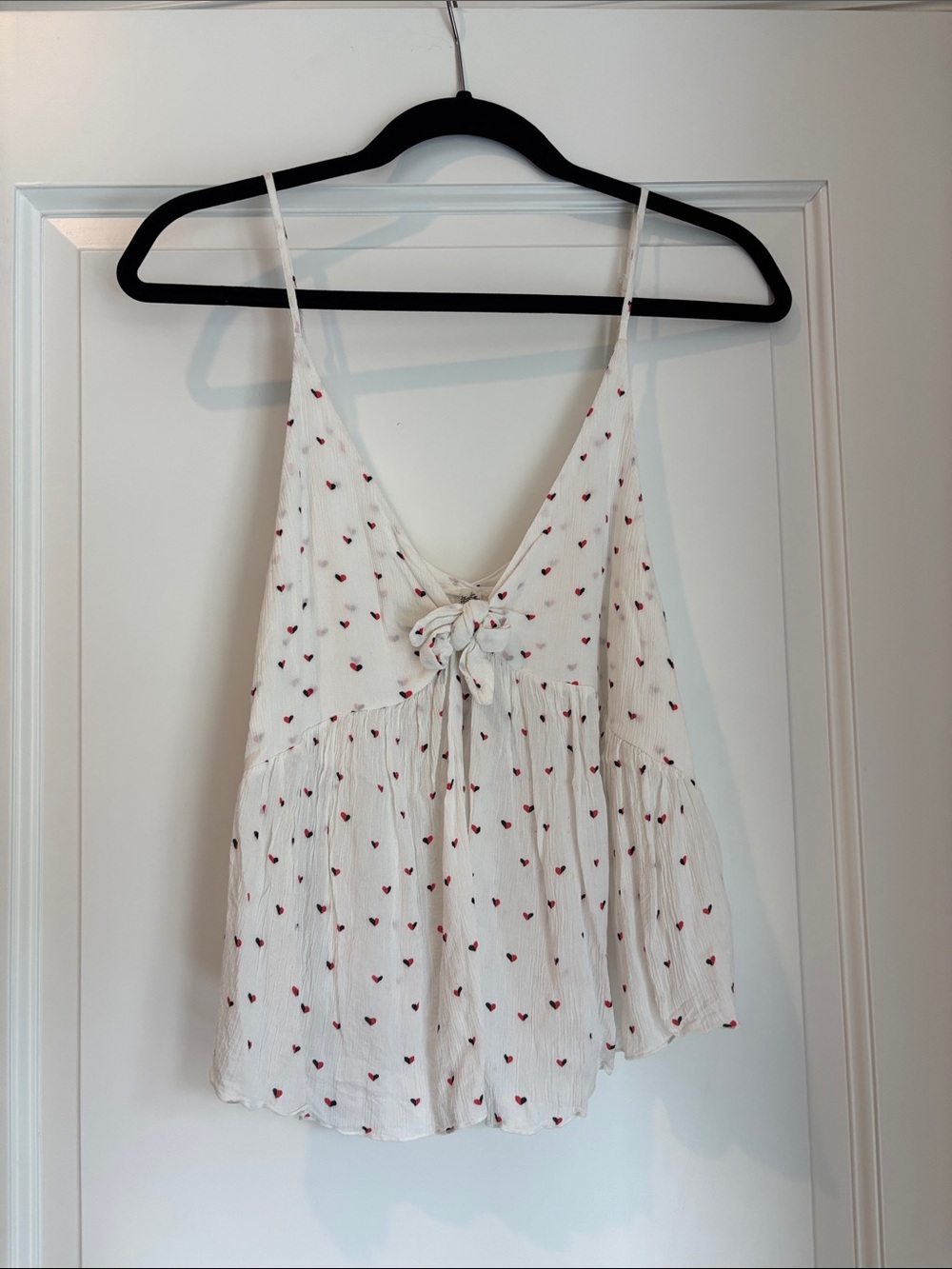 free people cute, summery tank white with red and black hearts and tie, size M